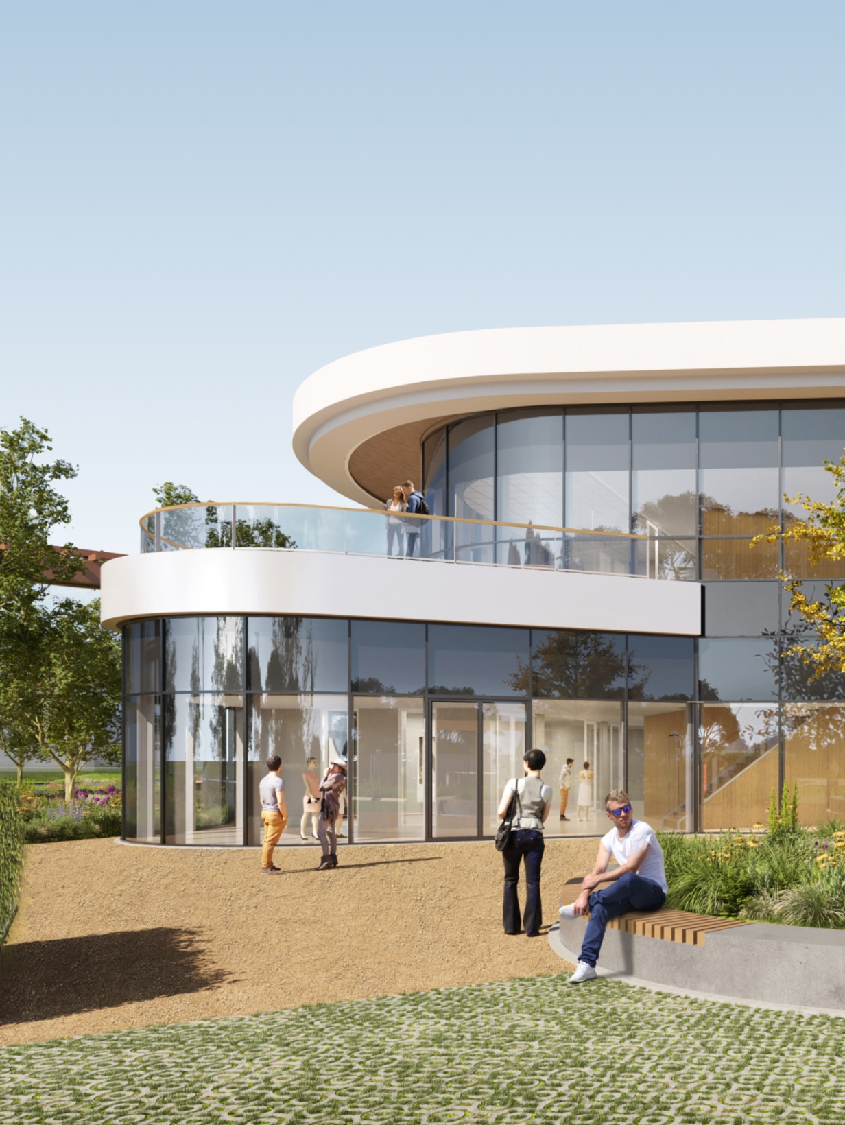 Modern building with curved glass facade, people interacting outside on a sunny day, surrounded by trees and greenery.